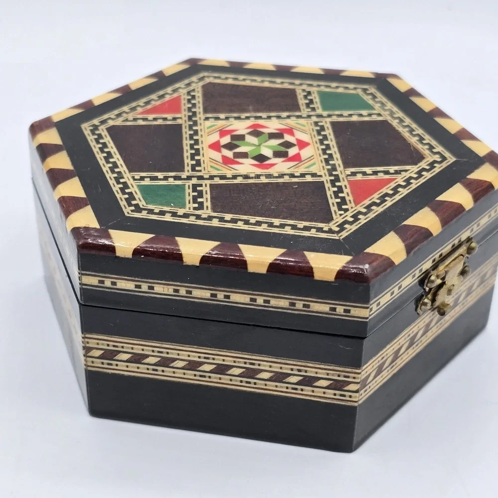 Vintage Moroccan Inlay Wood Jewelry‎ Box Geometric Marquetry Hexagon